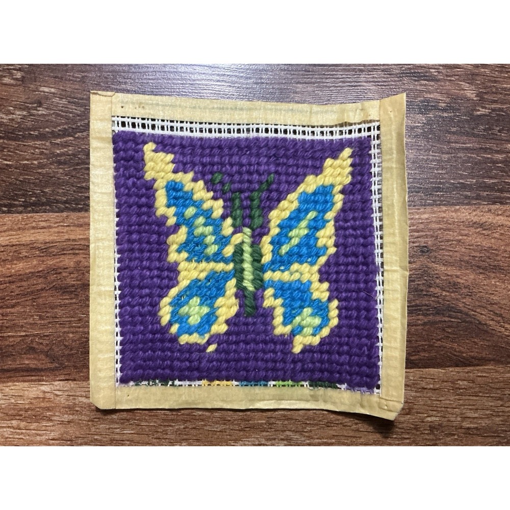 VTG Finished Unframed Crewel Needlepoint BUTTERFLY On Purple 7in X 7in